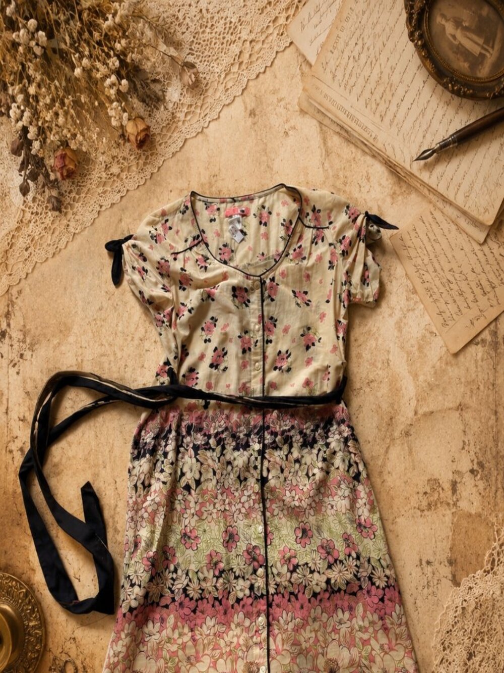 Vintage Floral Midi Dress • Cottagecore • Romantic Pink & Cream • Tie Waist